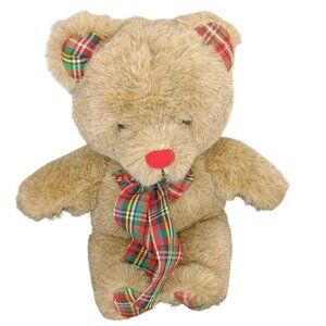 Applause Tan Teddy Bear Plush With Red Plaid Bow 12" Soft Stuffed Animal Collect